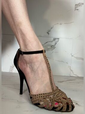 Forever 21 Tan and Black Studded T-Strap High Heels